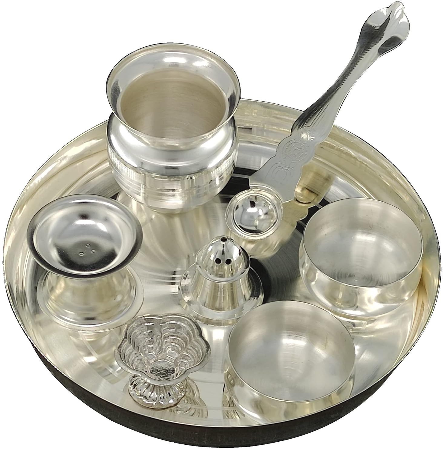 Silver Plated Pooja thali Set 17.78 CM Festival Ethnic Puja Thali Items for Diwali Daily Home Mandir Office Wedding Return Gift