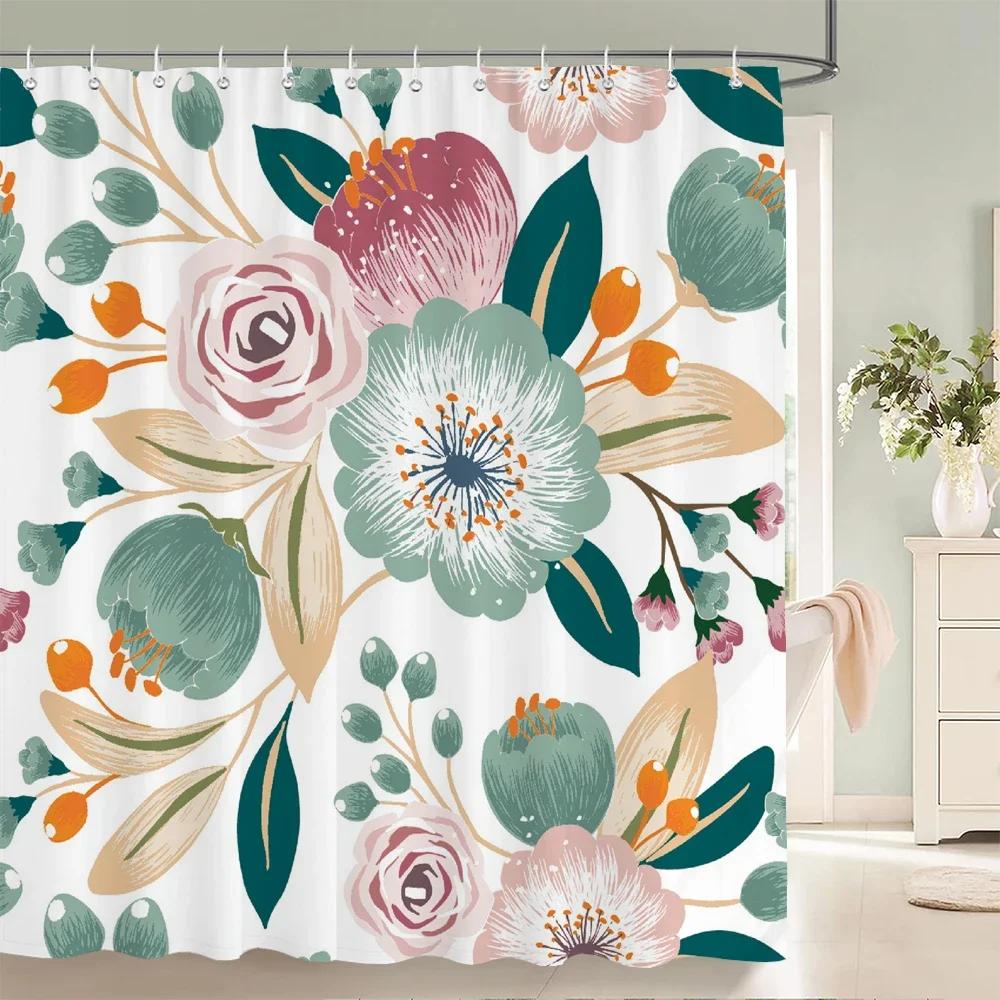 Beautiful Flowers Shower Curtain Butterfly Birds Printed Bathroom Curtains Polyester Fabric Home Decor Bathtub Screen with Hooks