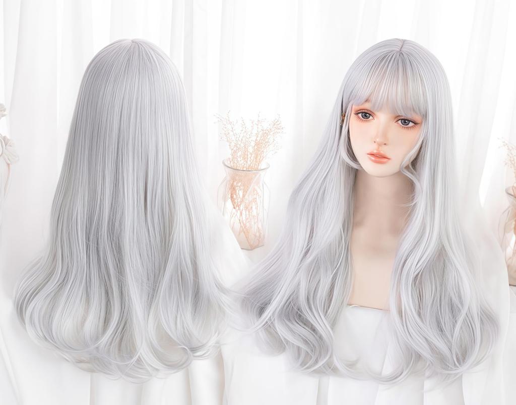 RyuuCos Lolita Wig, Long Hair, Curly Hair, Straight Bangs, Silver/Gray, Cosplay, Summer Night Glow, Natural, Harajuku Style, Heat Resistant, Disguise,