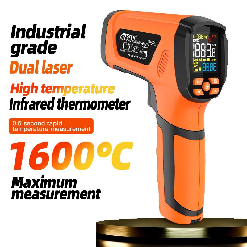 1600°C Digital Thermometer Non-contact High Temperature Meter Infrared Emissivity with K-type Probe Dual Laser Alarm Pyrometer
