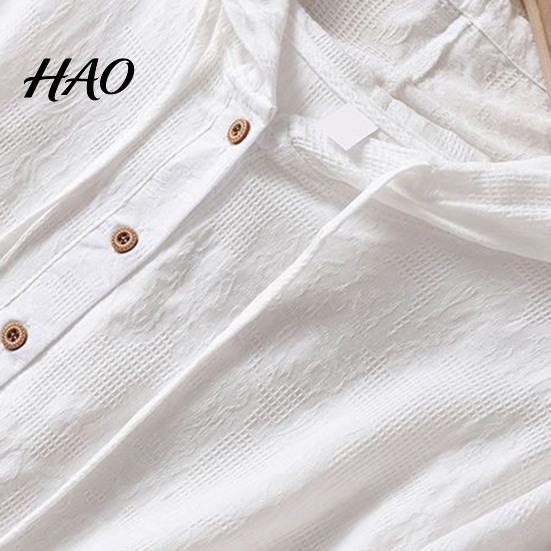 Women T-shirt Solid Color Hooded Buttons Half Placket Short Sleeve Short-sleeve Blouse Pullover Tops Drawstring Thin Loose Fit Regular