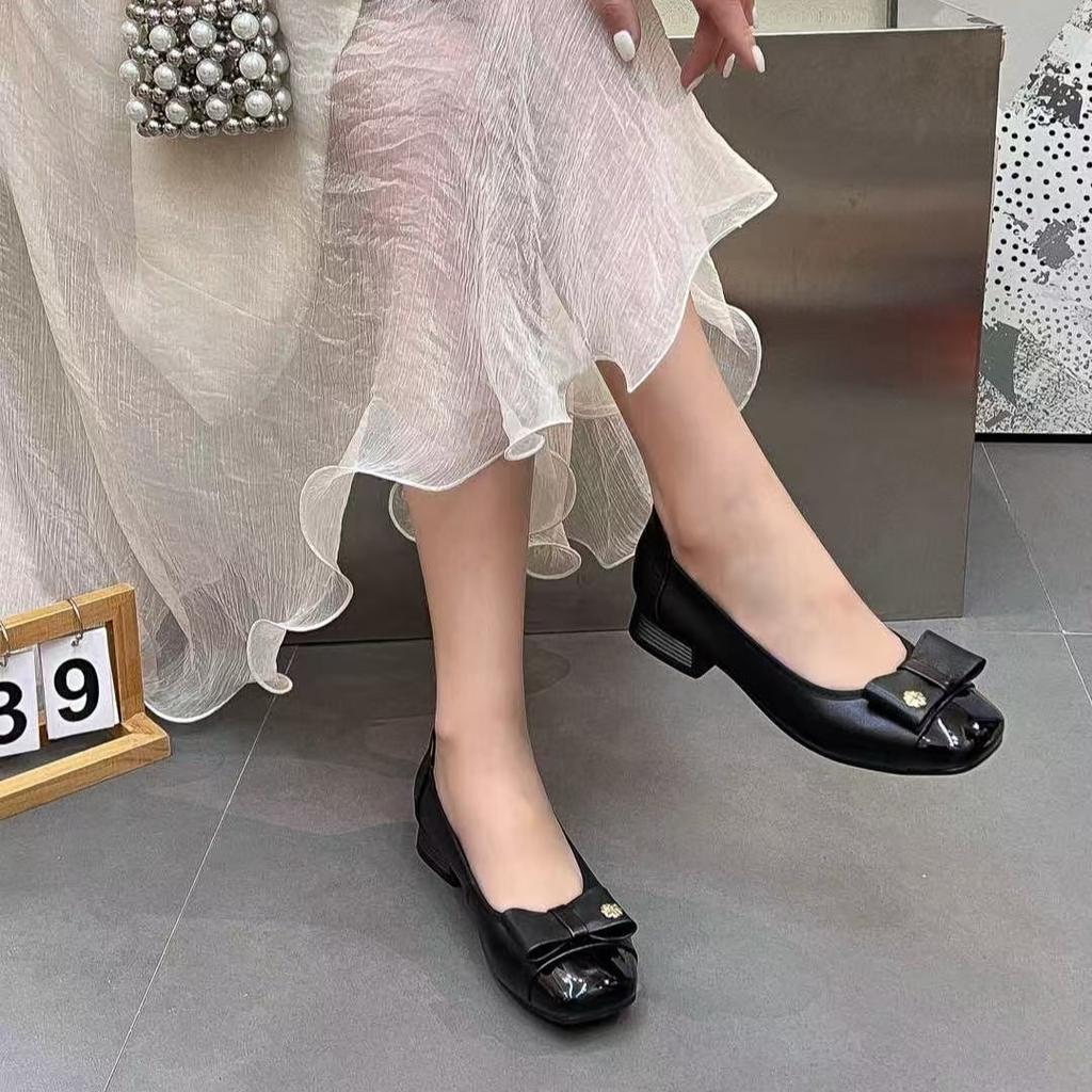 Medium-heeled single shoes women's new leather one-pedal versatile soft-soled shallow-mouth low-heeled single shoes