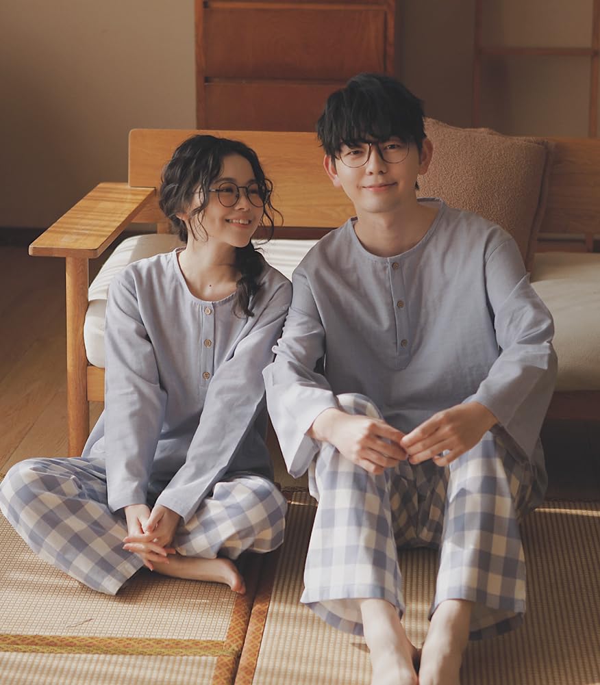Euyqs Cotton Pajama Long Sleeve Henley Top and Loungewear Light Blue Check Set, Pants, (JP, Alphabet, XL, Pattern)