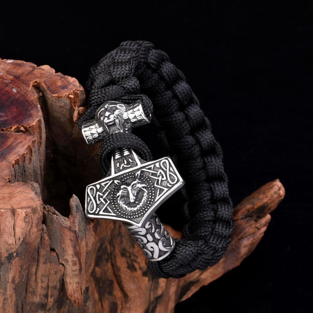 Men's Stainless Steel Ding Portrait Wolf Head Thor's Hammer Umbrella Rope Braided Bracelet Outdoor Sports Bracelet