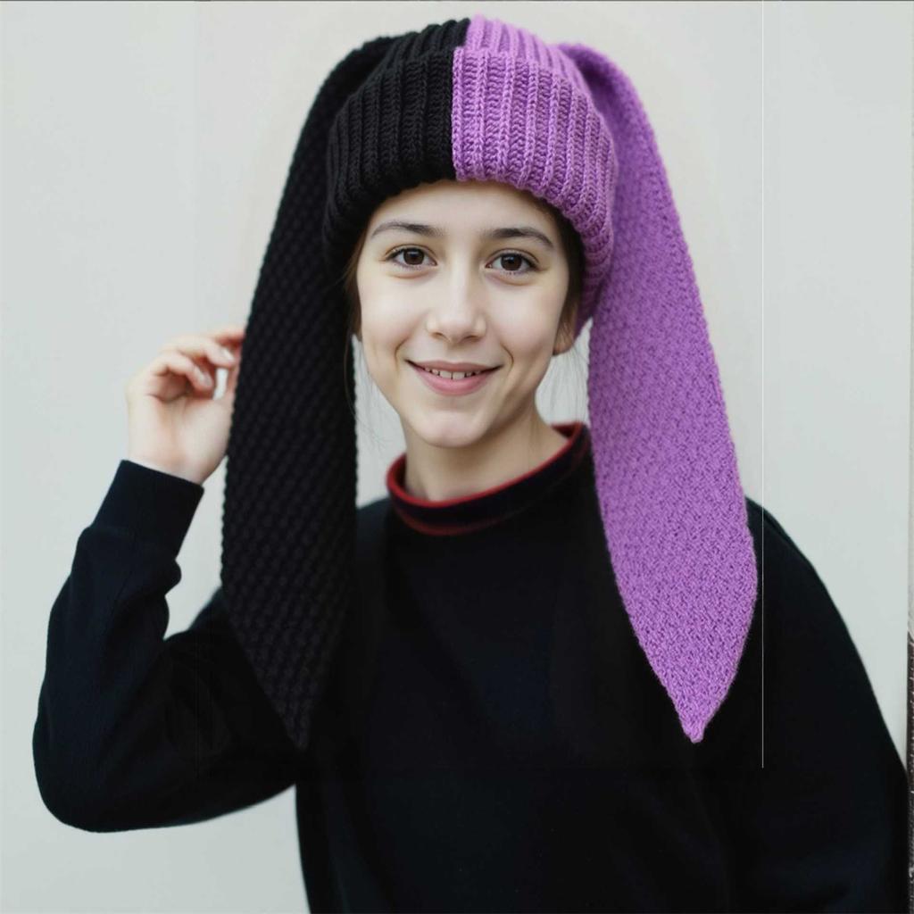 Sweet and Cute Rabbit Color Matching Long Ear Knitted Hat for Women Autumn and Winter Students Warm Ear Protection Wool Hat