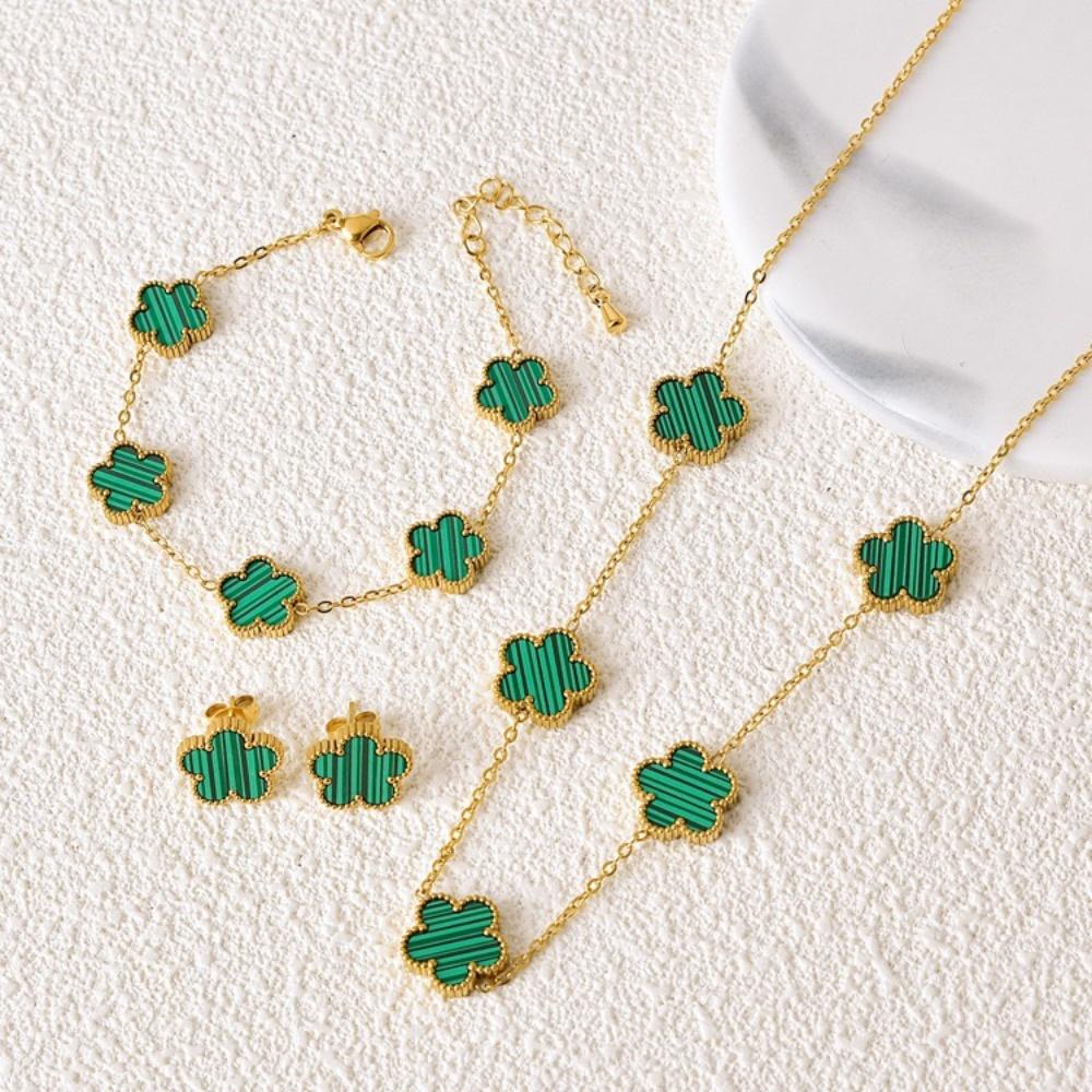 jewelry sales stainless steel five-leaf flower necklace bracelet earrings set high sense women's shamrock jewelry party