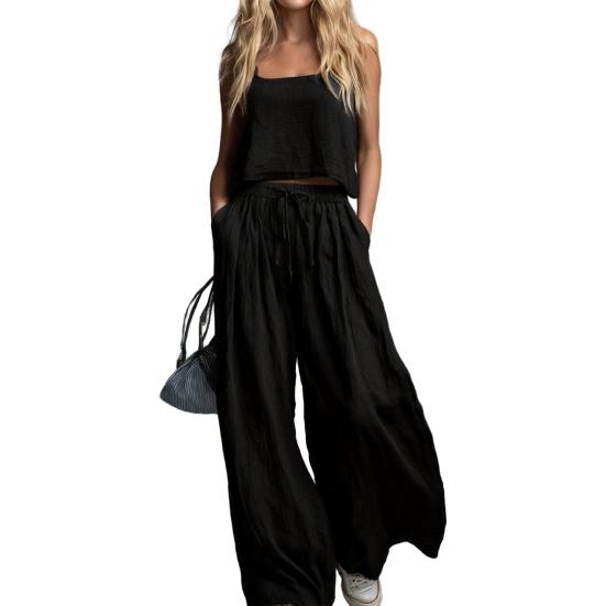 Sommer ärmelloses 2-teiliges Outfit für Damen, lässiges Crop-Cami-Top und weite Hosen, Loungewear-Partnerlook-Sets mit Taschen
