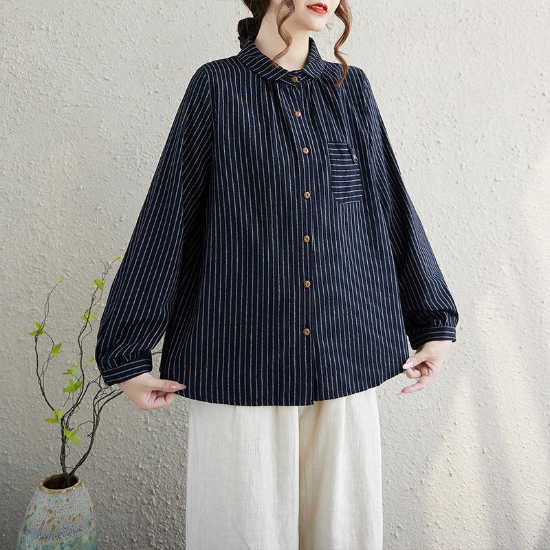 Literarisches Baumwoll- und Leinen-Streifen-Langarmhemd für Lockeren Herbst Neues Oberteil Lässig Vielseitige Knopf-Strickjacke für Damen