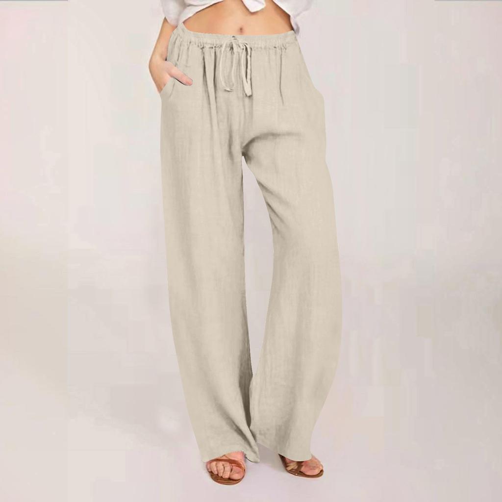 Pantalon d'été en coton et lin à jambes larges pour femmes, ample, Palazzo, avec poches, taille élastique, boutons, pantalons décontractés