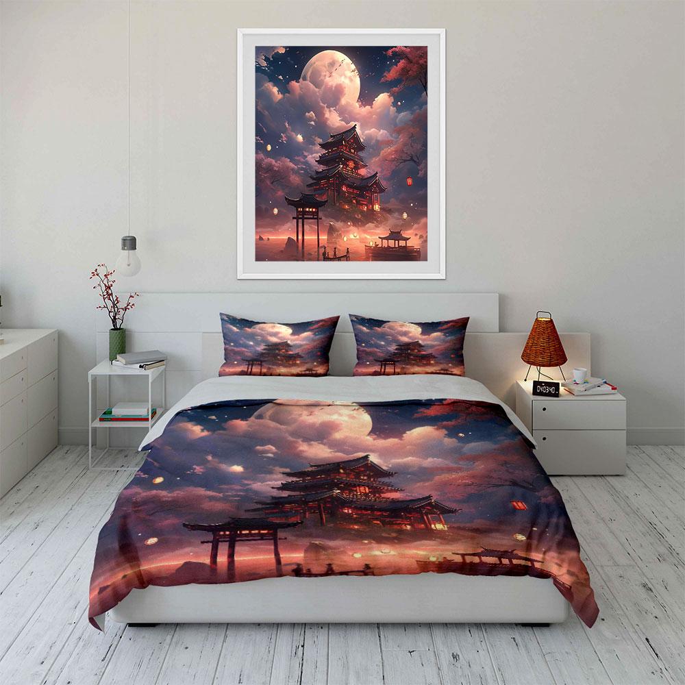 Japanese Night Scenery Decor Soft Comfortable Duvet Cover Bedding Set Included 1*Duvet Cover & 2*Pillowcases, Gift