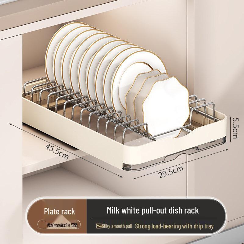 Pull-Out Kitchen Cabinet Dish Rack with Built-in Shelf and Draining Basket