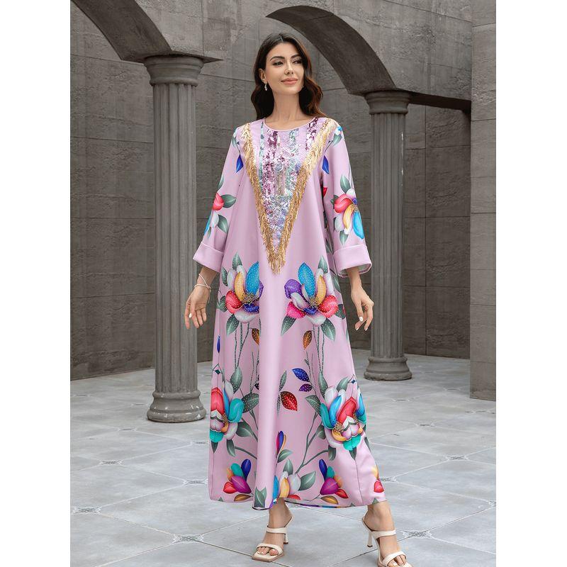 

Индонезия Ближний Восток Мода Трансграничный Новое поступление Женский халат с принтом аппликации Amazon Дубай Платье Платья Violet XXL