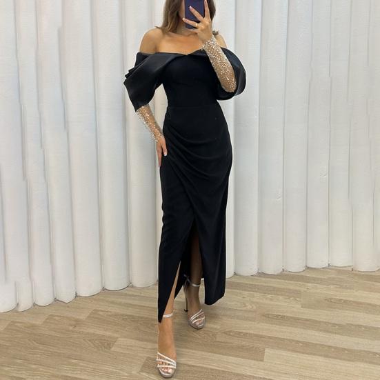 Vestido de noche para mujer, hombros descubiertos, corte bajo, cintura ajustada, dobladillo dividido, manga de malla, color a juego, longitud del tobillo, fiesta de graduación, cóctel, vestido largo de boda