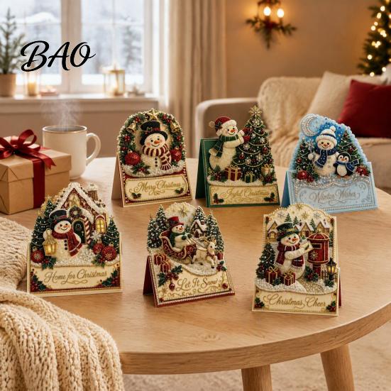 Festive Desktop Ornament Crafts DIY Christmas Card Kit, 3D Pop-Up Faux Pearl Art Snowman Blessing Cards for Friends Santa Elk Wreath Card, Handmade