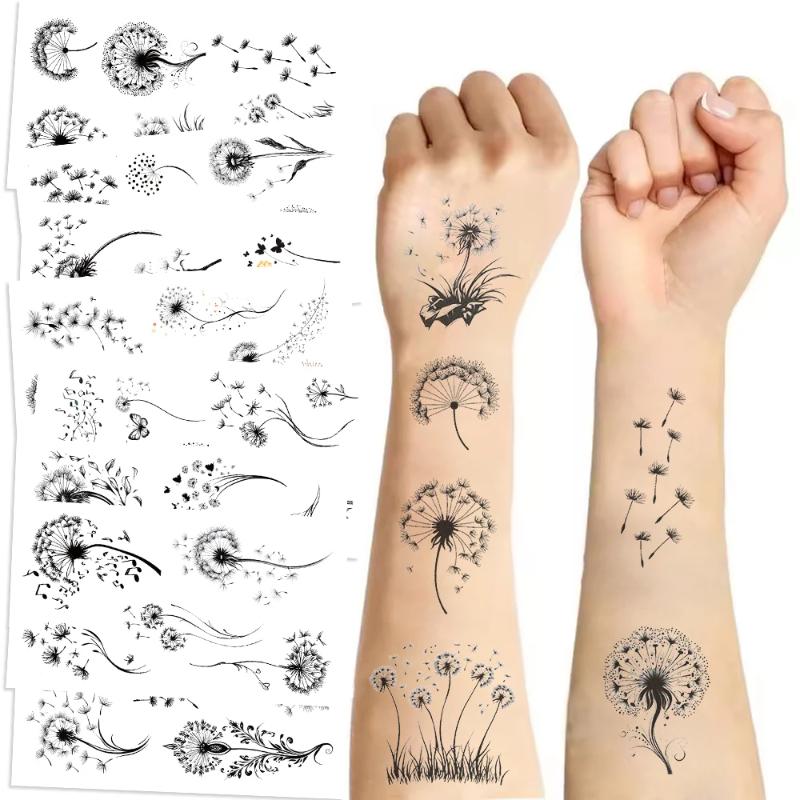 10 Sheets/Set Black And White Series Dandelion Flower Tattoo Sticker Waterproof Decoration Arm Cheek Party Tattoo Sticker