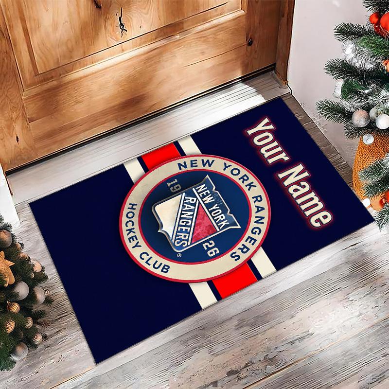 New York Rangers Crystal Velvet Rug, Custom Name Text Personalized Non‑Slip Floor Mat for Home Decor Gift