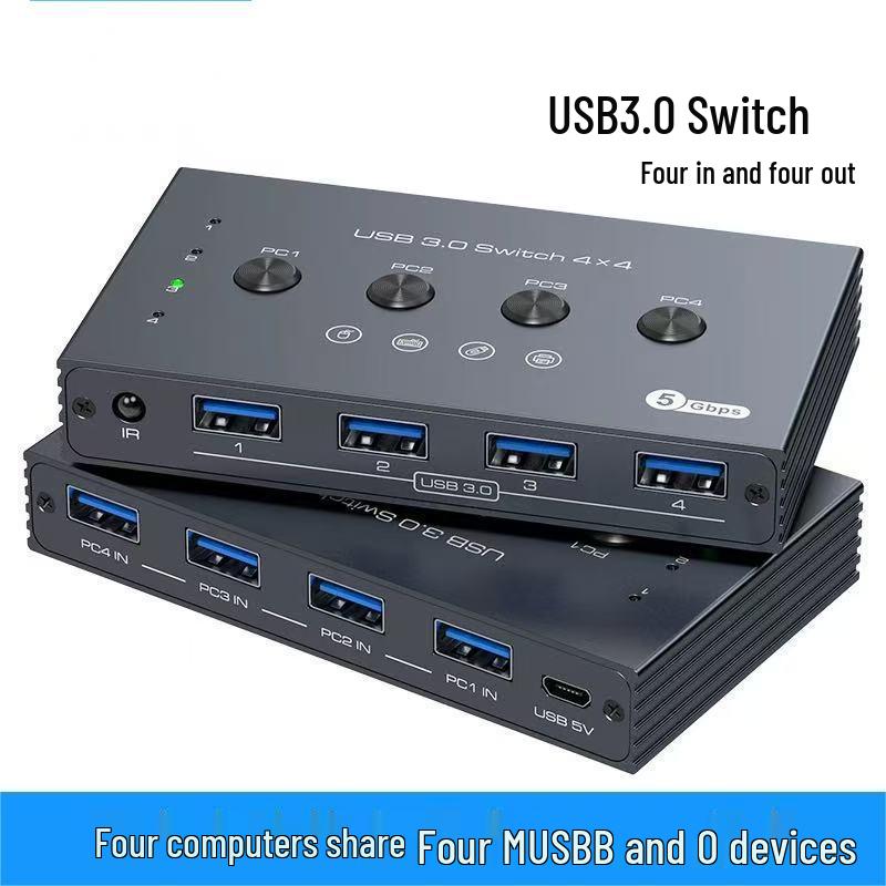 

USB 3.0 Переключатель, 4x4 порта: Обмен 4 USB-устройствами (Клавиатура, Мышь, Принтер) Между 2 компьютерами 4 USB3.0 In, 4 USB3.0 Out серый