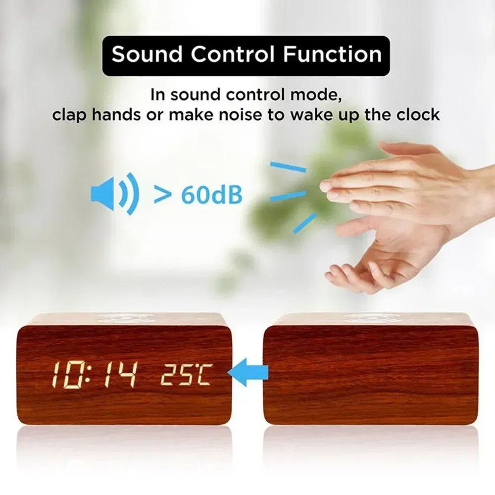 Wooden Digital Alarm Clock with Wireless Charging and LED Display, Time Date Temperature Desk Clock for Office and Bedside