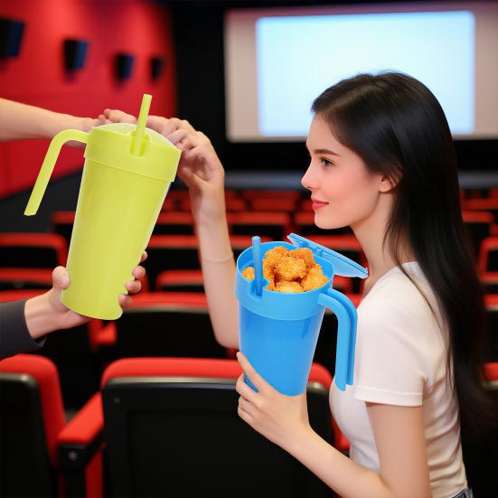 Kids Snack And Drink Cup Combo Leak-Proof 2-in-1 Popcorn Holder with Handle Portable Stadium Tumbler for Travel Home Movies
