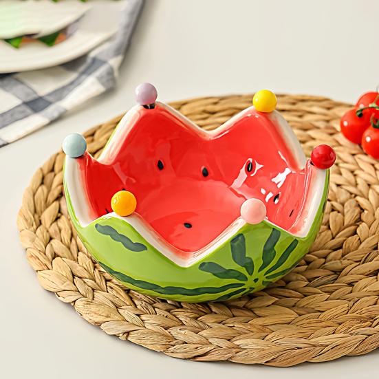 Fruit Plate And Fruit Fork Set Ceramic Watermelon Bowl with Stainless Steel Fork Multipurpose Kitchenware for Fruit Dessert Snacks