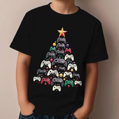 Boys Crewneck Short Sleeve T-Shirt, Christmas Cartoon Print with Game Controller & Xmas Tree