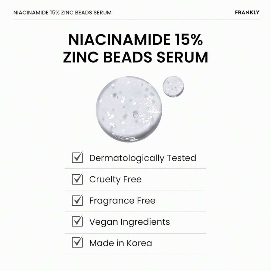 FRANKLY Niacynamid 15% & Serum z Kuleczkami Cynku 30ml : Pielęgnacja trądziku i ciemnych plam, kontrola sebum, wyrównana tekstura skóry i blask | Wegańskie i nietestowane na zwierzętach