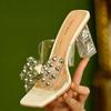 Rhinestone bow transparent semi-drag sandals women's 025 summer new outer wear crystal heel cool slippers lazy word drag