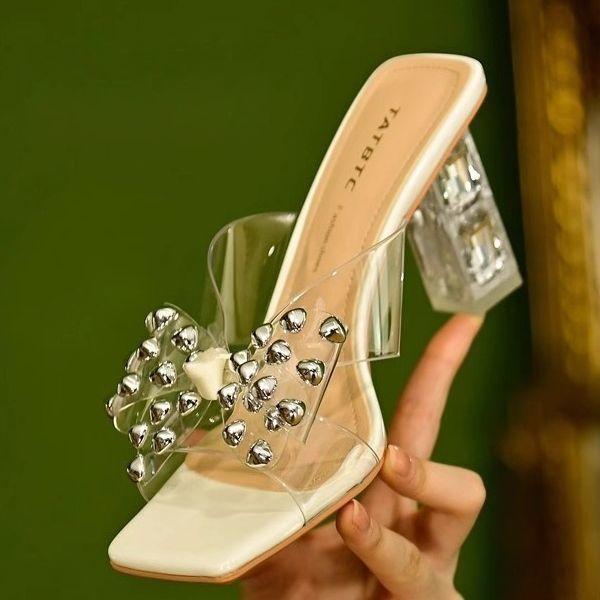 Rhinestone bow transparent semi-drag sandals women's 025 summer new outer wear crystal heel cool slippers lazy word drag