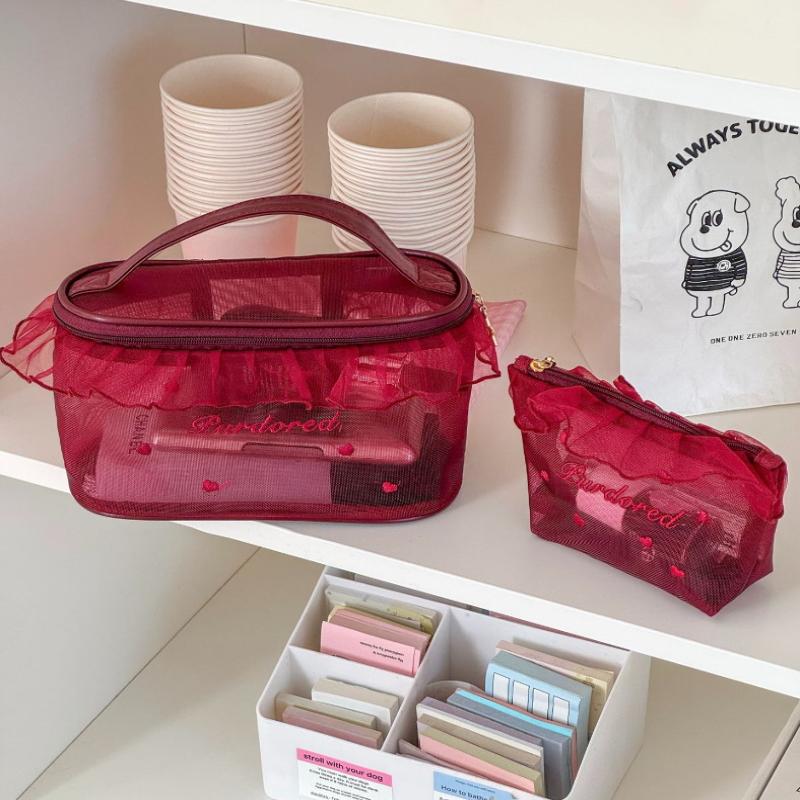 1Pc Purified Red Mesh Makeup Bag With Ruffle Detail Love Embroidery Cute Portable Cosmetic Organizer For Girls Toiletry Pouch