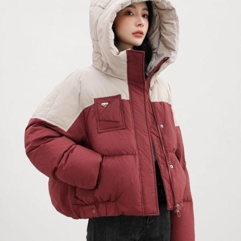 Chaqueta de plumón mujer moda con capucha colores contrastantes holgada engrosada cálida chaqueta corta