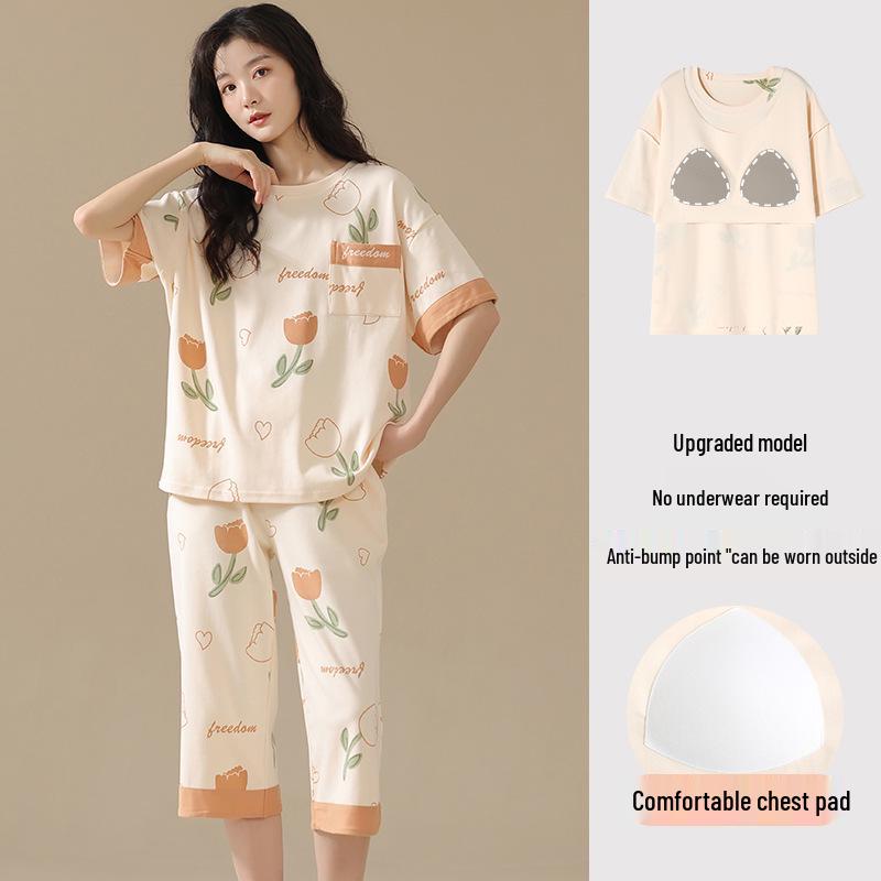 

Women s Summer Cotton Short Sleeve Capri Pants Influencer Homewear Set L (50-60kg)