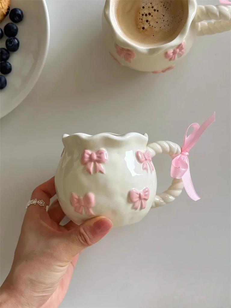 Cute Bow Thickened Ceramic Cup Hand Draw Knot Bow Irregular Mug Cups Coffee Milk Drinks Cup
