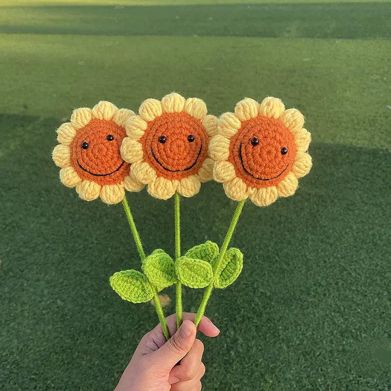6Pcs Handmade Crochet Sunflower,Smile Knitted Flowers, Artificial Woven SunFlowers Best For Teacher's Day, Graduation Gift