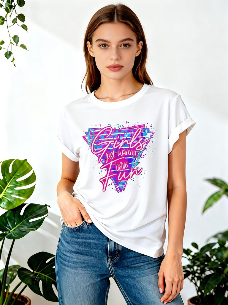 Women's Retro Neon s Have Fun Graphic Short Sleeve Crew Neck Casual Top with Geometric Print Casual Attire Relaxed Fit T-Shirt