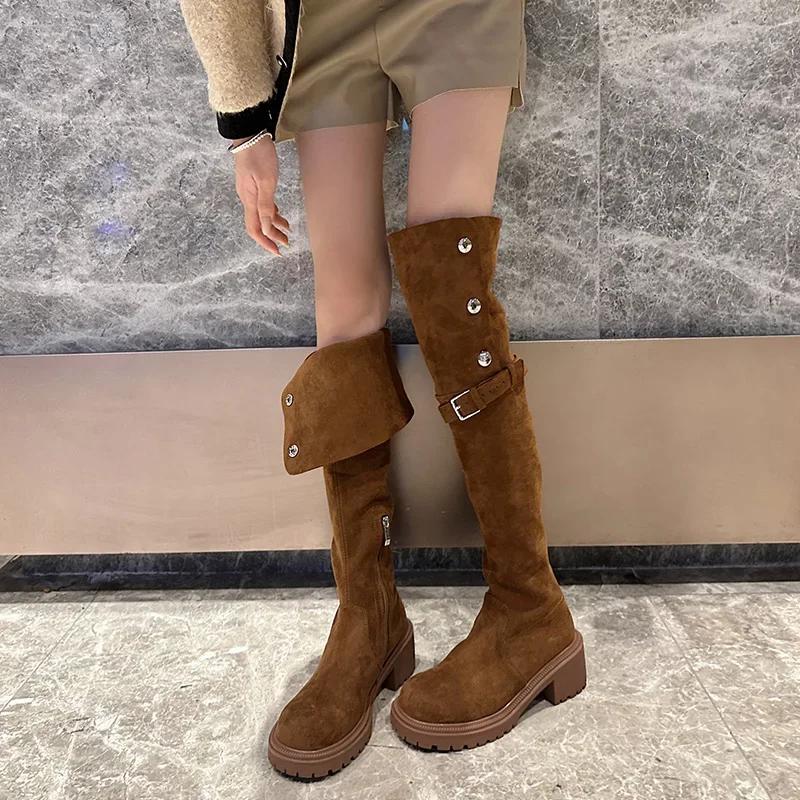 Vintage Women Over The Knee High Boots Fashion Back Zippers Shoes Autumn Winter Thick Heel Women's Long Booties