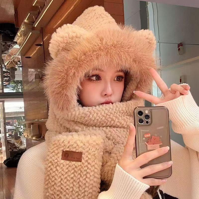 Sombrero de Peluche con Orejas de Conejo y Bufanda Para Mujer Estilo Invierno Lindo Grueso Cálido Protector de Orejas Sombrero Lei Feng