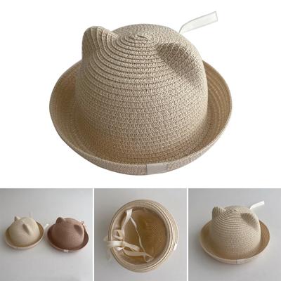 Kids Straw Sun Hat Handmade Baby Fisherman Cap with Ear Details Designing Fashionable Sunbonnet Windproof Headwear