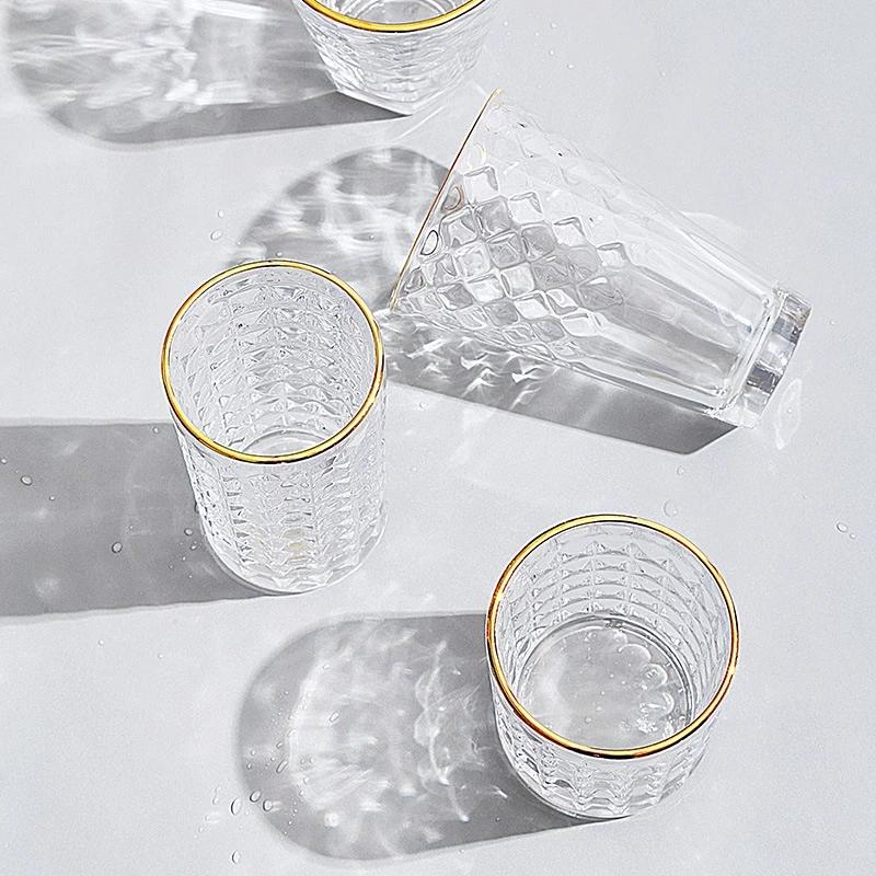 3/2/Pcs Embossed Glass Cup Coffee Mug Transparent Gold Rim Whisky Wine Glass Home Office Bar Milk Beer Juice Drinking Water Cups