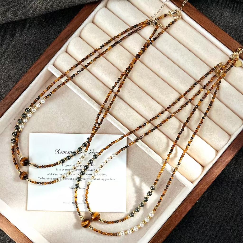 Vintage Strong Light High Quality Natural Tiger'S Eye Stone Artificial Crystal Pearl Necklace Collarbone Chain