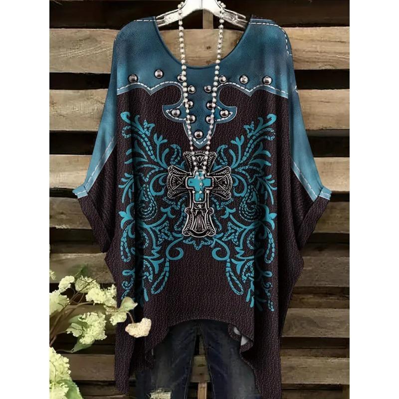 Camisetas Oversize Estilo Bohemio Chic Estampado Étnico Vintage Sencillo Dobladillo Irregular Cuello Redondo Top para Mujer Moda Versátil Ropa de Mujer