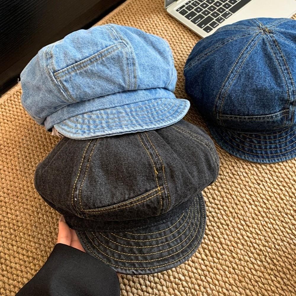 Cloud Octagonal Cap Vintage Peaked Hat Korean Washed Denim Beret  Women
