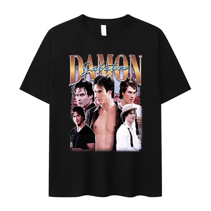 Hot Sale Damon Salvatore TV Drama Graphic Print T-shirt Men Women Retro Gothic Fashion Loose Casual Oversized Streetwear Harajuku Y2K Summer New Teee