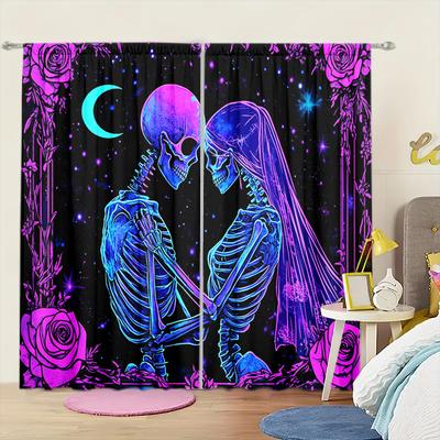 2pcs Brilliant Rose Skull Printed Curtain for Halloween Home Decor - Rod Pocket Window Treatment for Bedroom, Office, Kitchen