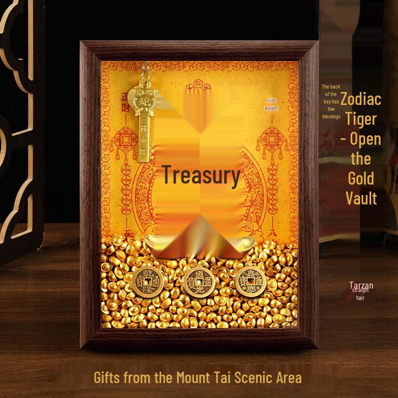 2025 Auspicious Open Wealth Photo Frame with Golden Key, Solid Wood Entrance Foyer, Zodiac Animals, Five Roads to Attract Wealth.