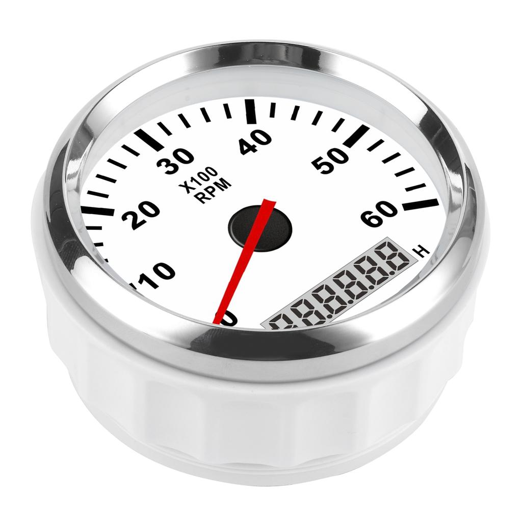 Tachometer Gauge 6000RAM Red Backlight LCD Display 85mm Waterproof 12 24V for Car Boat YachtWhite Dial Silver Frame