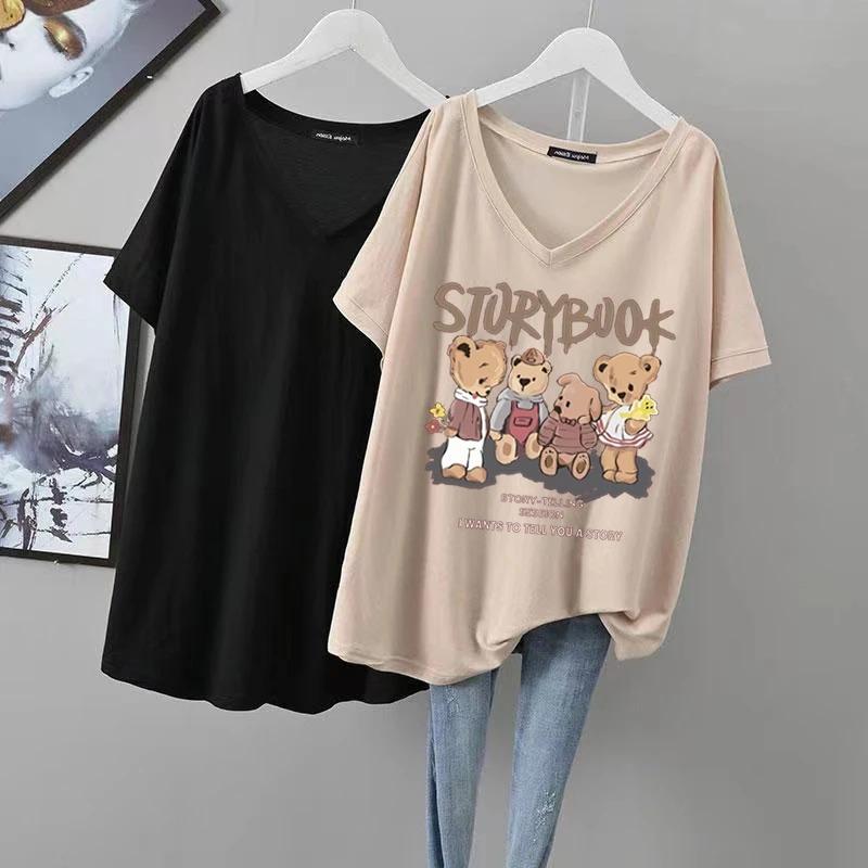 

T-shirt Women Stamp Summer Casual Large Size Loose V Neck Pullover Short-sleeved Tops XXXL абрикосовий