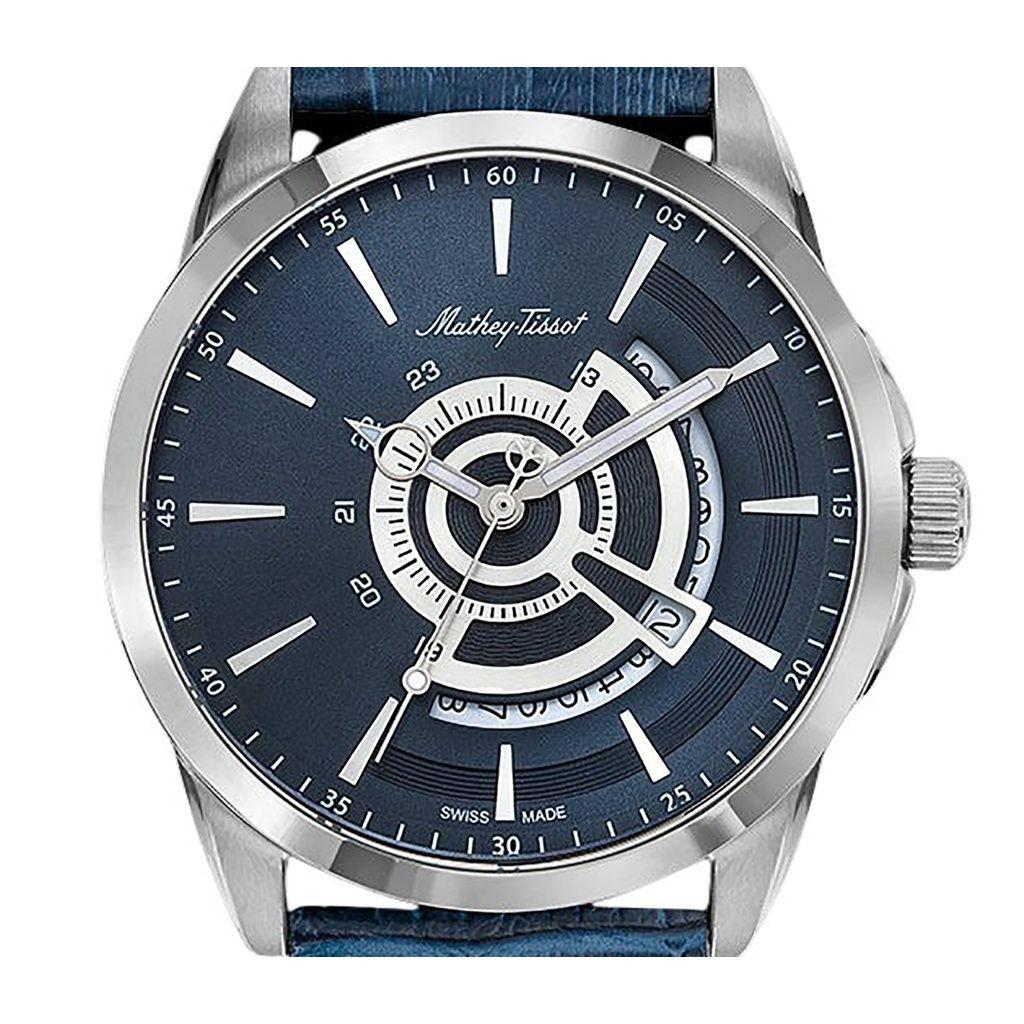 Mathey-Tissot Mondo Herren-Quarzuhr mit Lederarmband und blauem Zifferblatt H711ABU