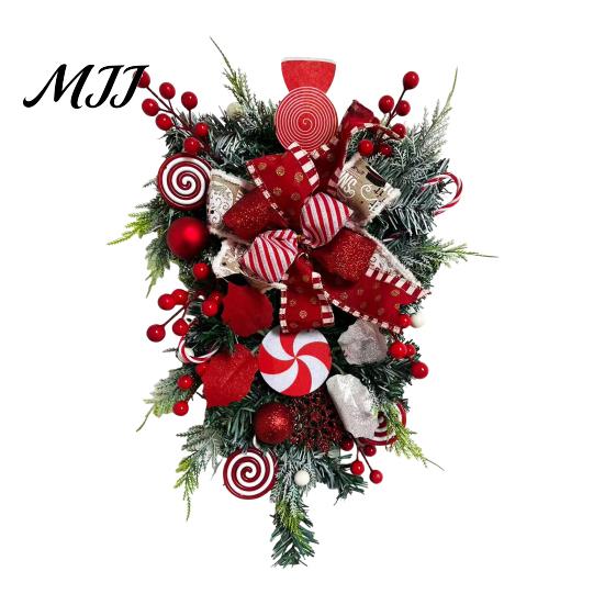 Bedroom Living Room Festive Decor Candy Cane Christmas Teardrop Swag, Red White Striped Peppermint Swag Durable Seasonal Wall Hanging Wreath for Front