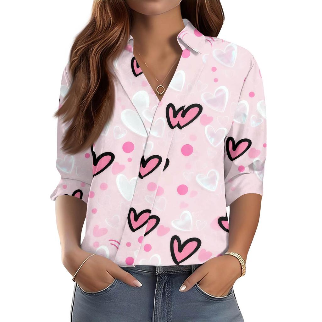 Women's 3/4-Sleeve V-Neck Shirt Printed Workwear Casual Regular Shirt Collar Top