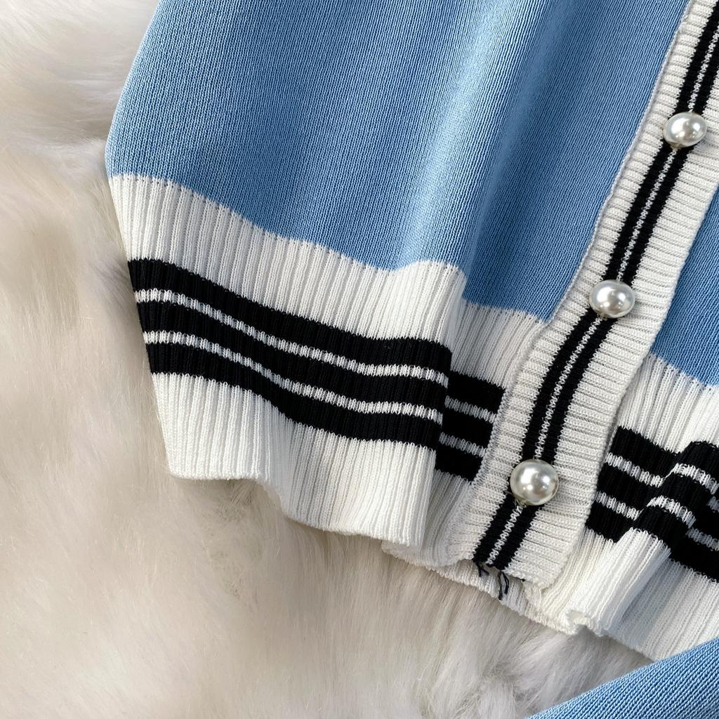 Summer Women Knitted Sweater Suit Short Sleeve Single Breasted Cardigan Top and Ankle Length Pant Two Piece Set For College Girl